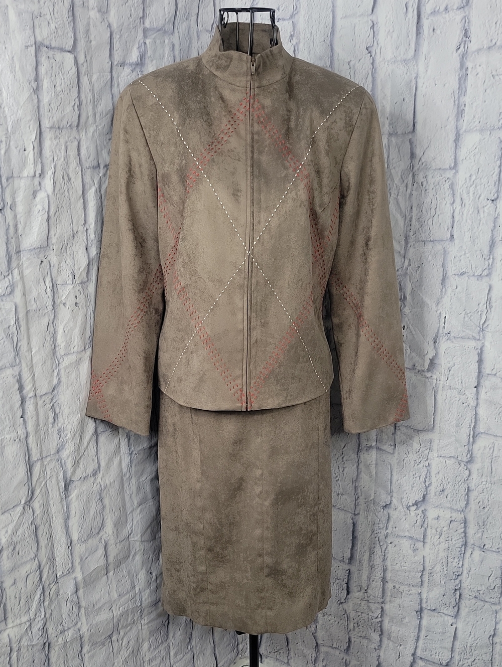Juliana Collezione Faux Suede 2-Piece Jacket Skirt Suit Taupe Size 4